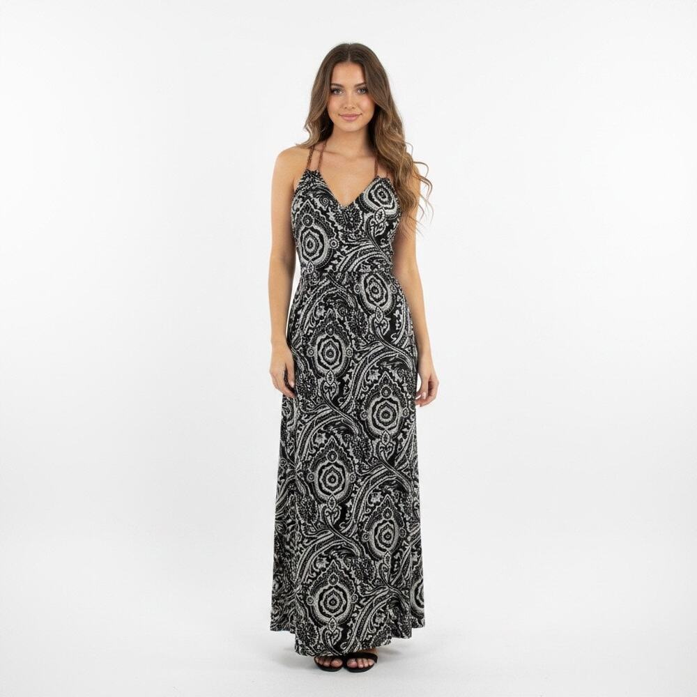Halter Maxi Dress Black White Boho Abstract Braided Straps Medium Vacation